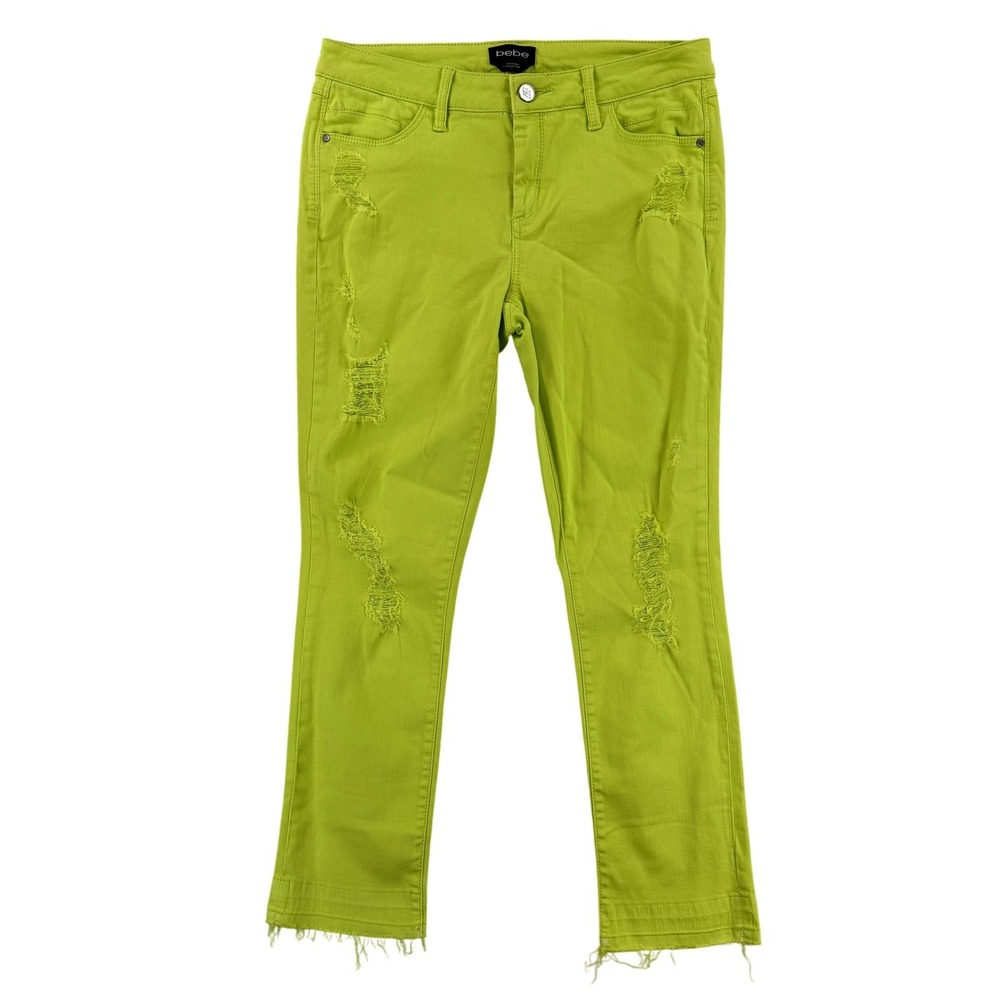 Bebe Destroyed Release Hem Capri Jeans Womens 29 Neon Green Mid Rise Stretch